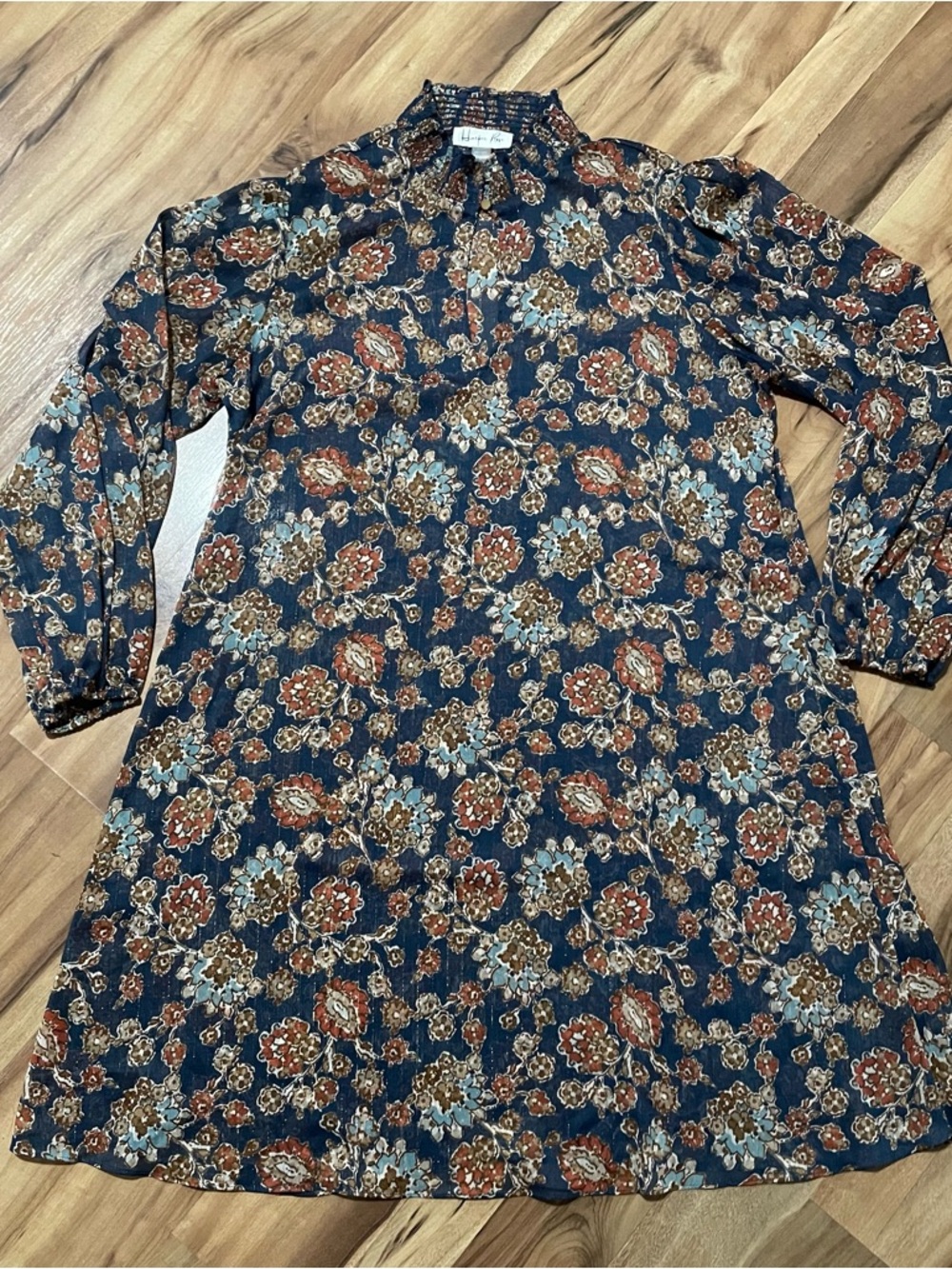 Harper Rose Mock Neck Dress Blue Floral Long Balloon Sleeve Keyhole Mini Sz 14